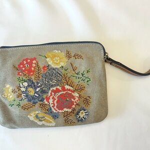 Patricia Nash Cross Stitch Floral Embroidered Leather Wristlet